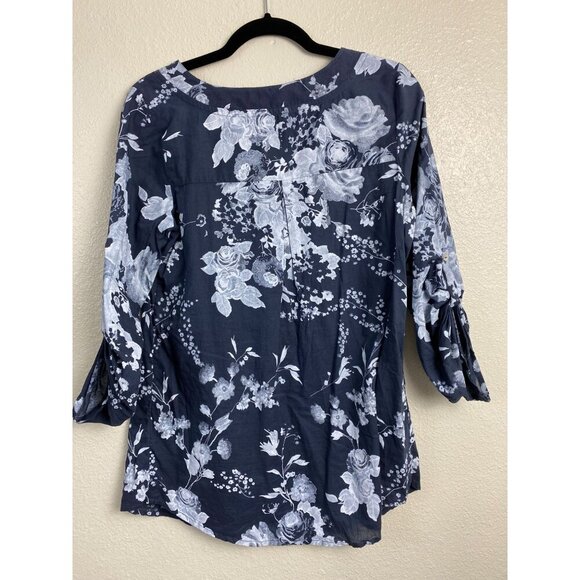 Soft Surroundings Tuberosa Floral Print Roll Tab Sleeve Gray Top Size XS Cotton - Picture 2 of 10